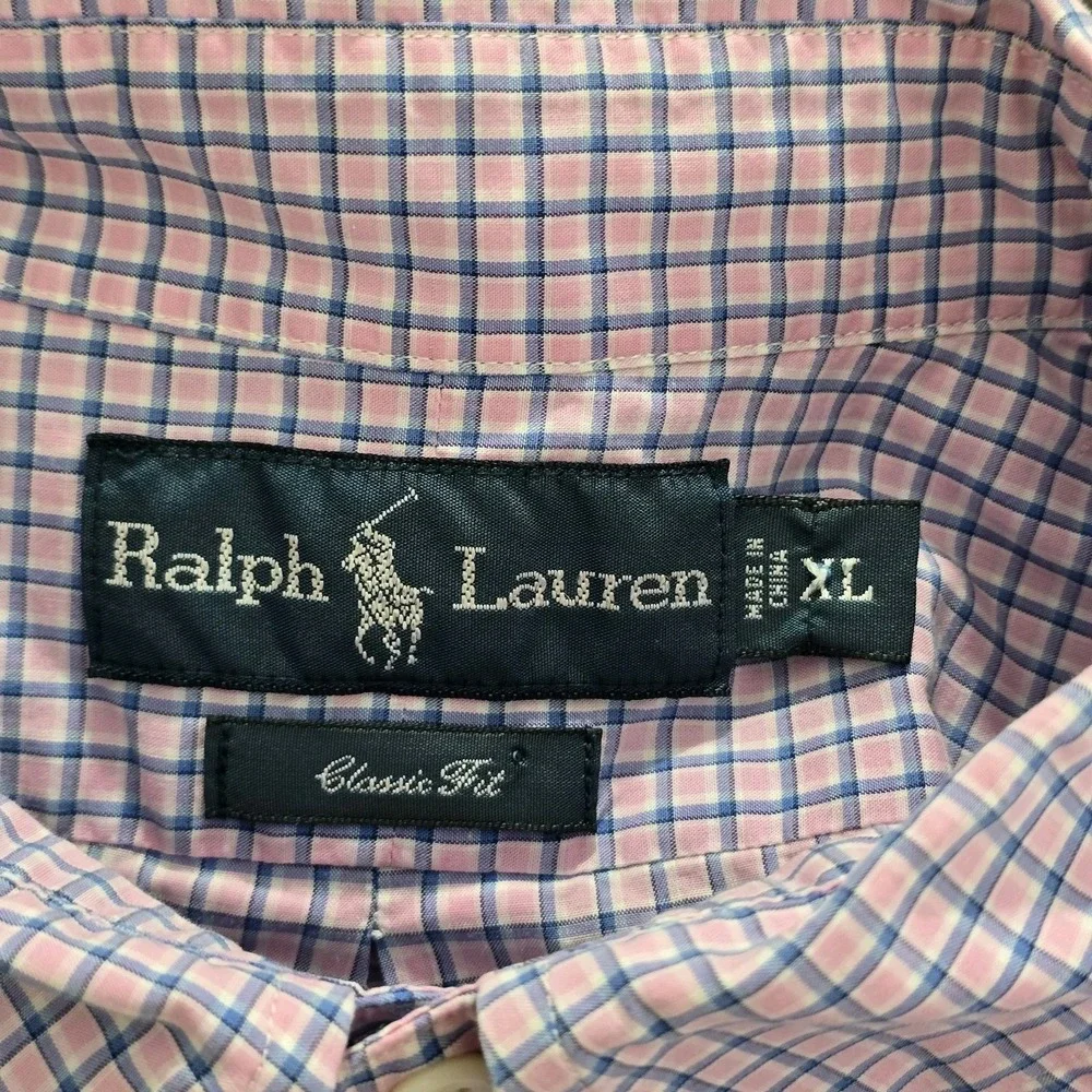 Ralph Lauren Men XL Classic Fit Pink Blue Plaid Cotton Button Down Shirt Long SL